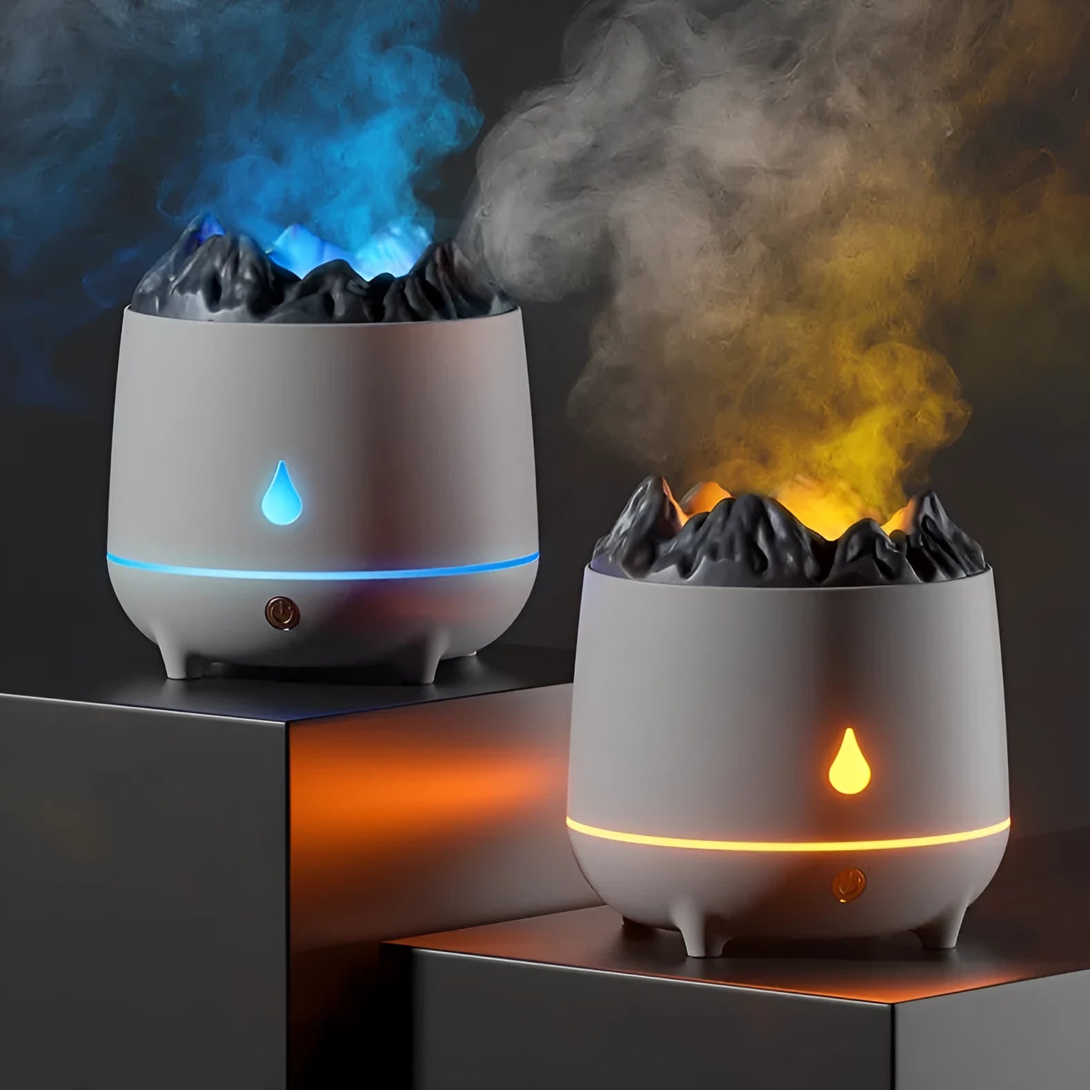 White volcano-shaped USB humidifier emitting mist on a wooden desk