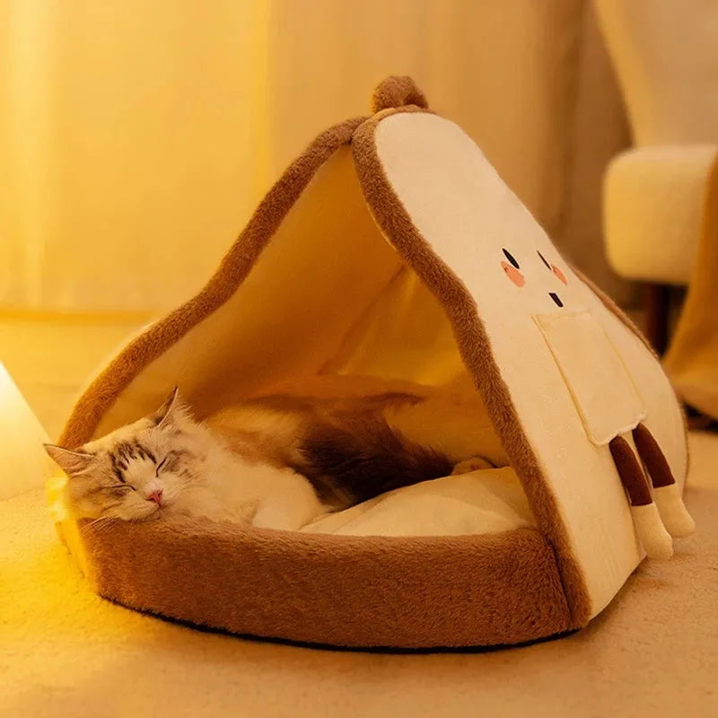 Green cat tent bed with fleece interior and mesh ventilation windows