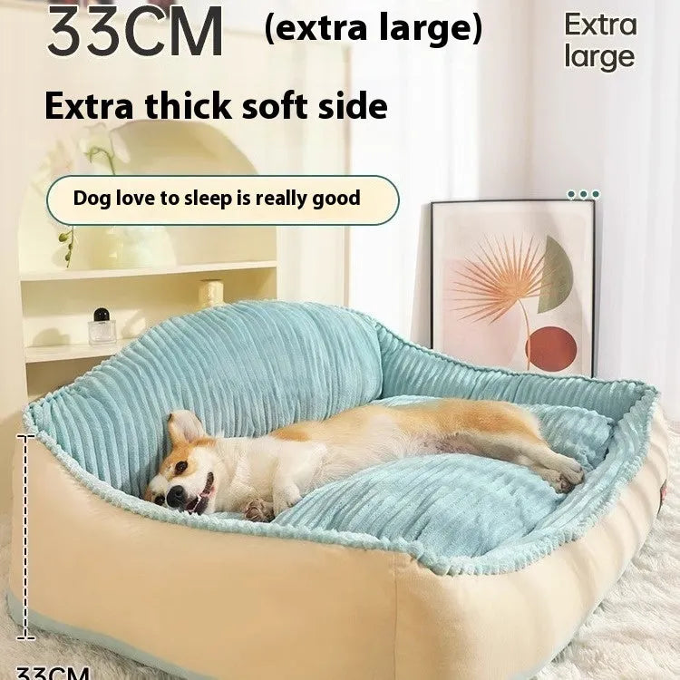 Morandi-coloured sofa-style dog mat with a removable cover, shown in two sizes for small and large pets.