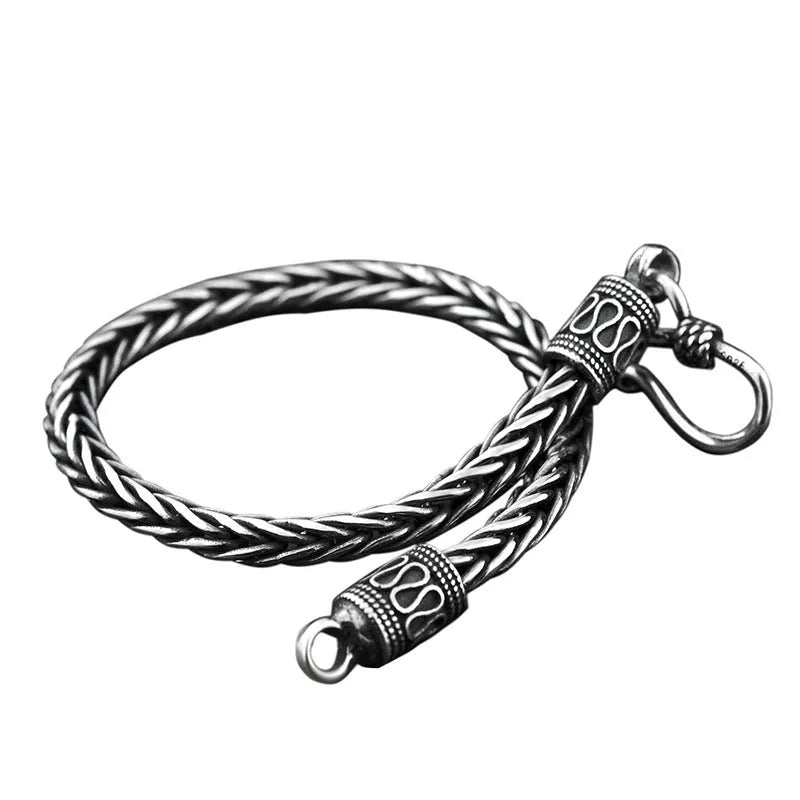 Vintage braided keel 925 silver bracelet for men retro wave style on wrist