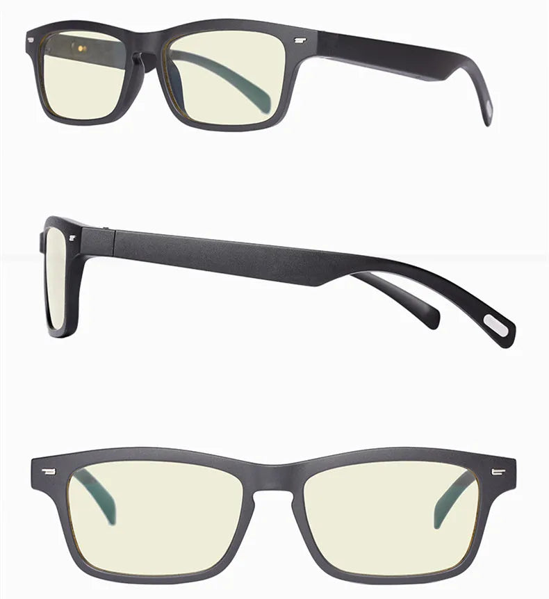 Black smart glasses with Bluetooth open-ear speakers, polarised lenses, and a sporty PC+ABS frame.