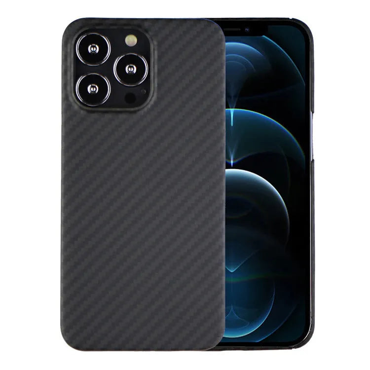 Matte black Kevlar fibre iPhone case with textured back, shown next to an iPhone.