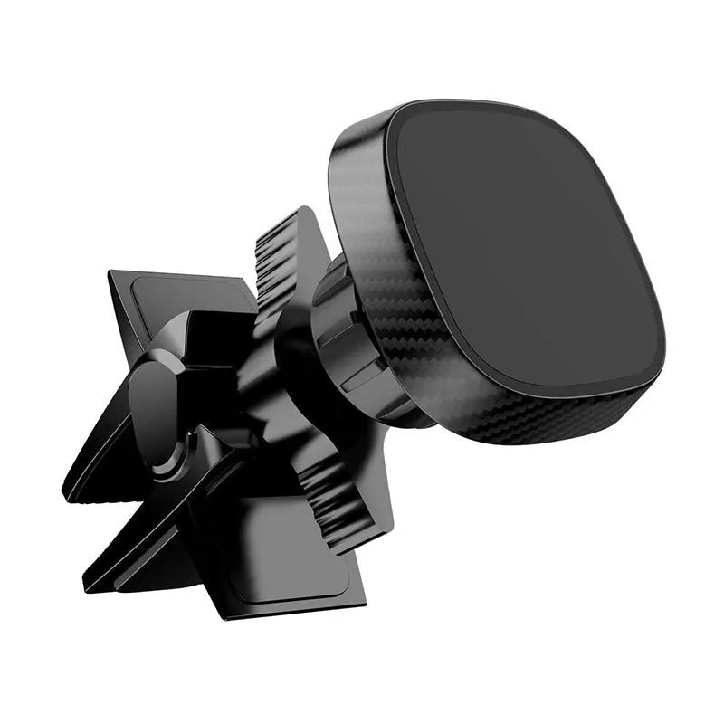 Black magnetic car phone holder attached to vehicle air conditioning vent