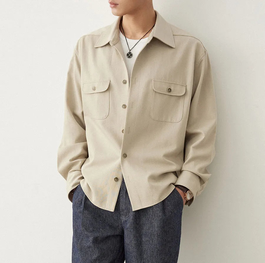 Men's long sleeve lapel collar shirt in a chemical fibre blend fabric.