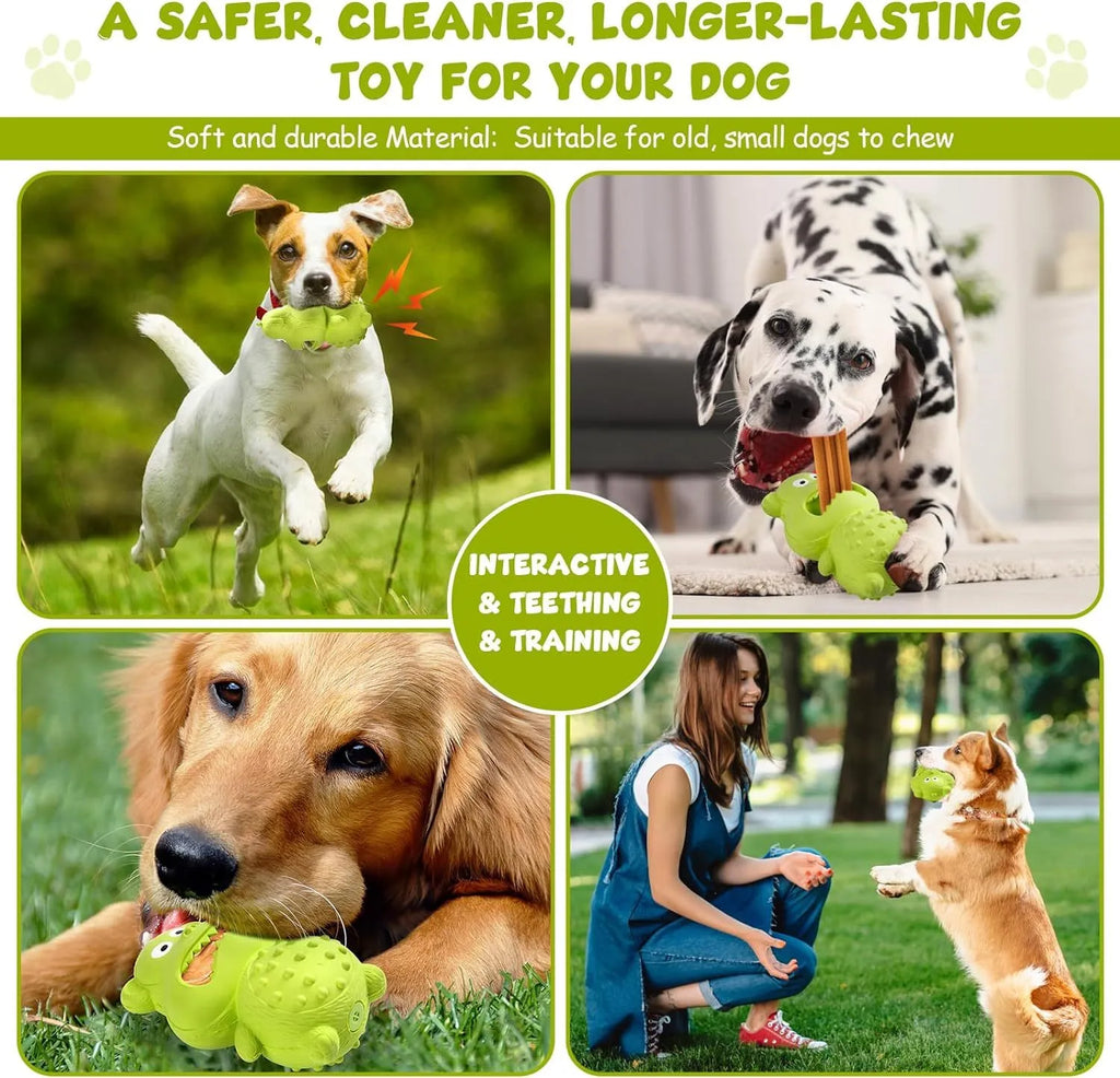 Green and yellow natural rubber dog chew toy with squeaker for large breed dogs