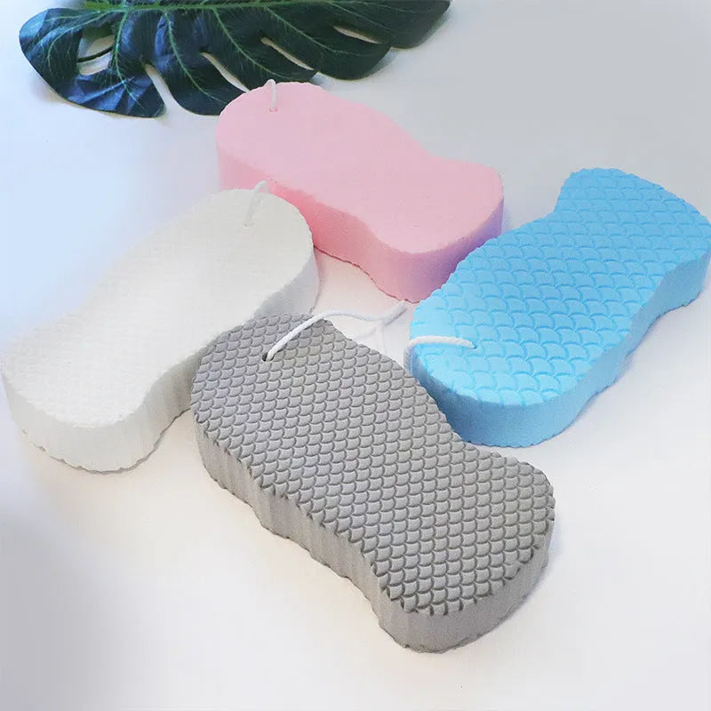 White 3D bath sponge with fish scale pattern texture for body exfoliation