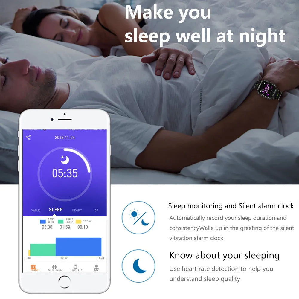 F16 smart watch with ECG monitoring on wrist showing blood pressure and heart rate display