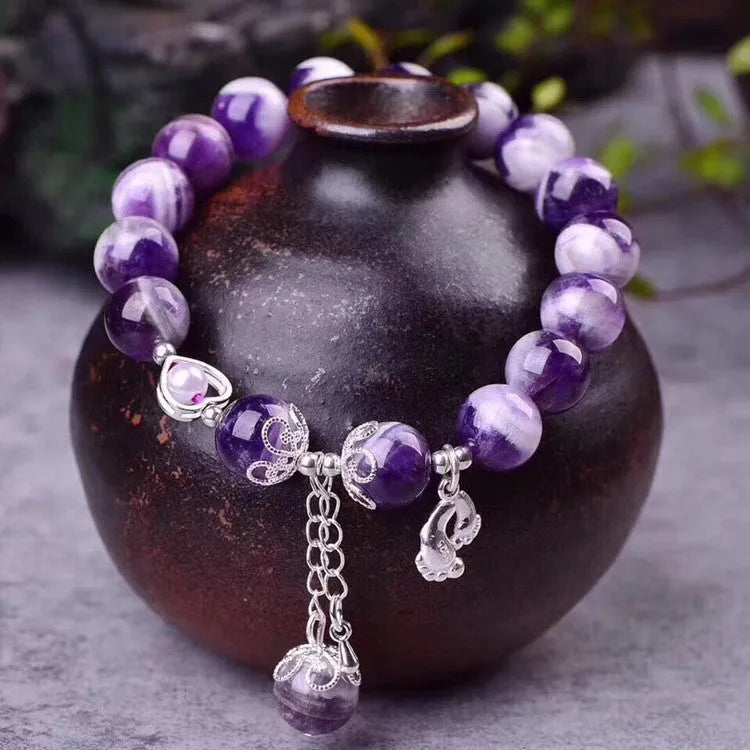 Purple amethyst round bead bracelet with 10mm diameter beads on single strand