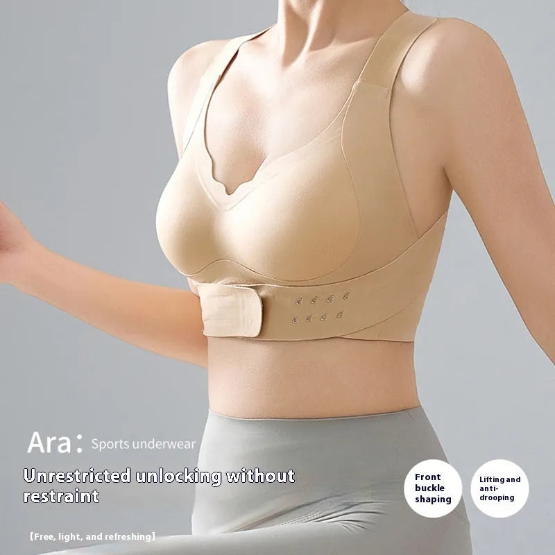 Women's cross-front yoga bra with buckle detail, moulded cups and back shaping design in three colour options