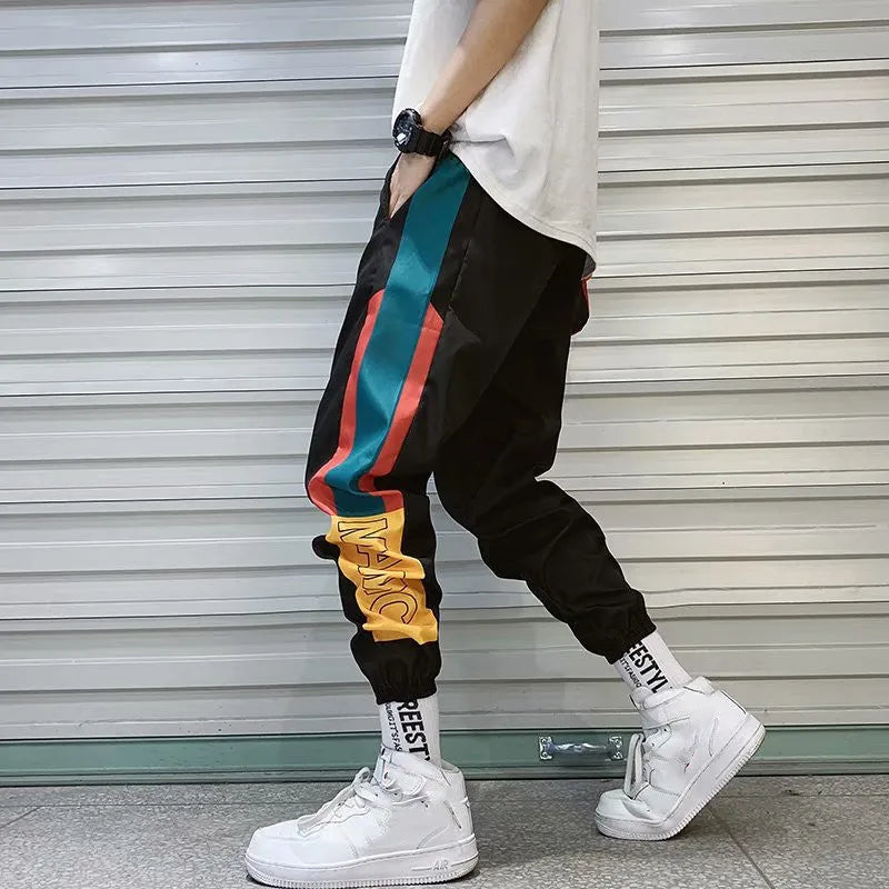 Summer men's Korean loose casual polyester sweatpants in black with elastic drawstring waist