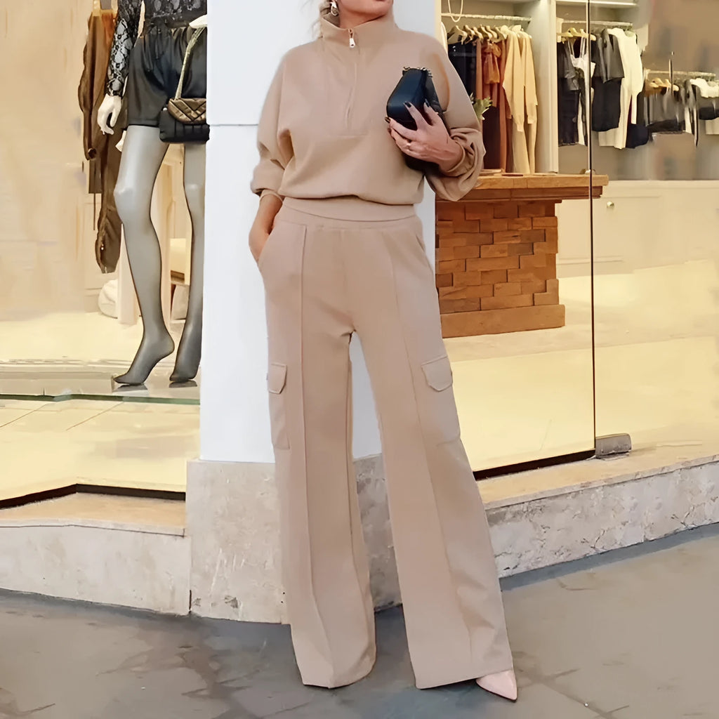 Women's light camel lapel short top and high-waist wide-leg trousers two-piece set