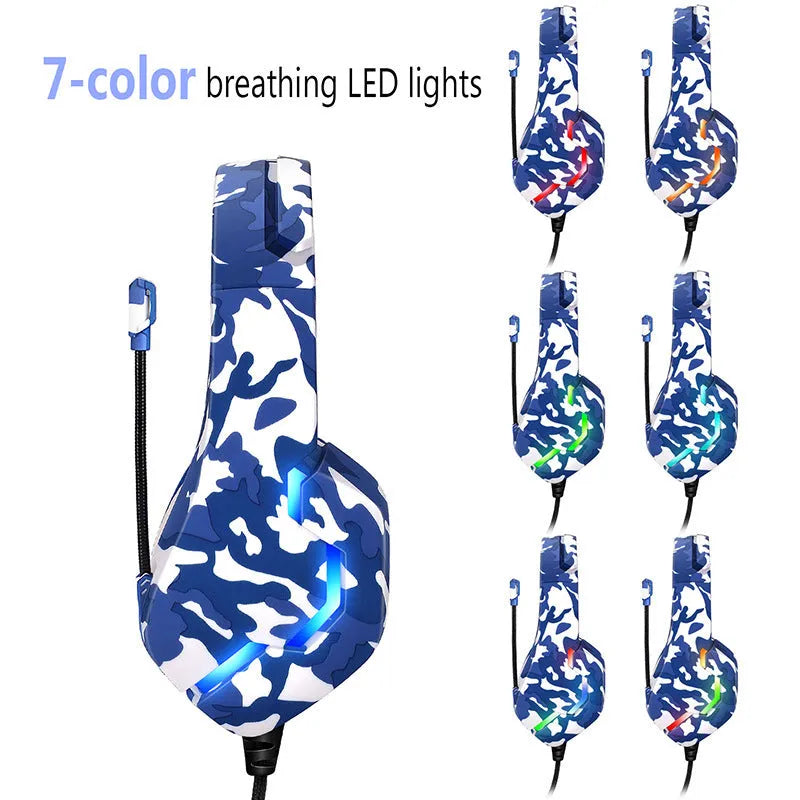 Eat Chicken wired gaming headset in camouflage blue with 40mm cloth earmuffs and braided cable