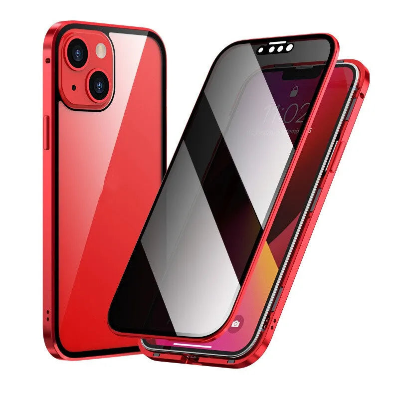 Black Magneto privacy phone case with metal frame for iPhone, showing anti-peep screen protector.