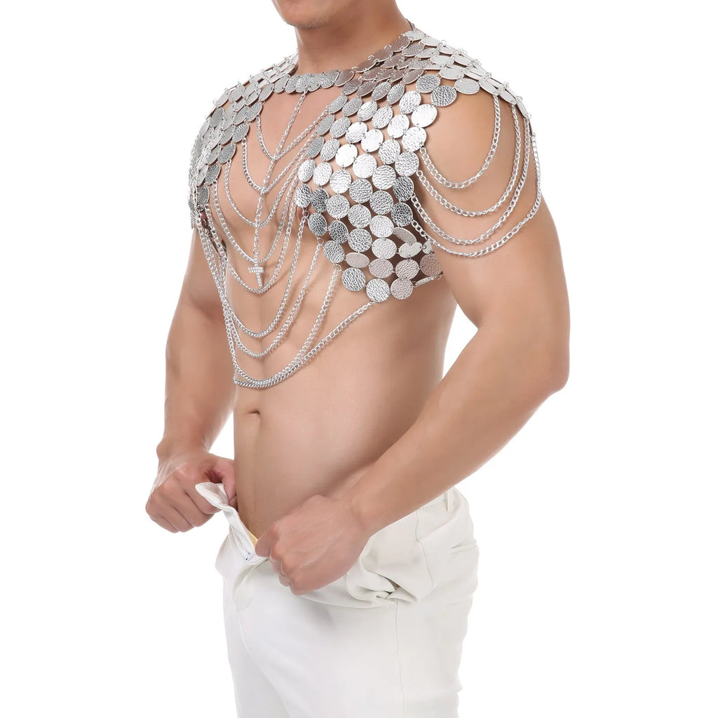 Silver metal chain sling chest strap with sequin stitching on imitation leather for men