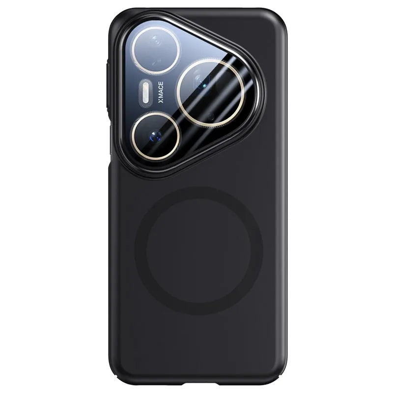 Frosted black magnetic protection phone case for Huawei Pura80pro with integrated lens bracket.