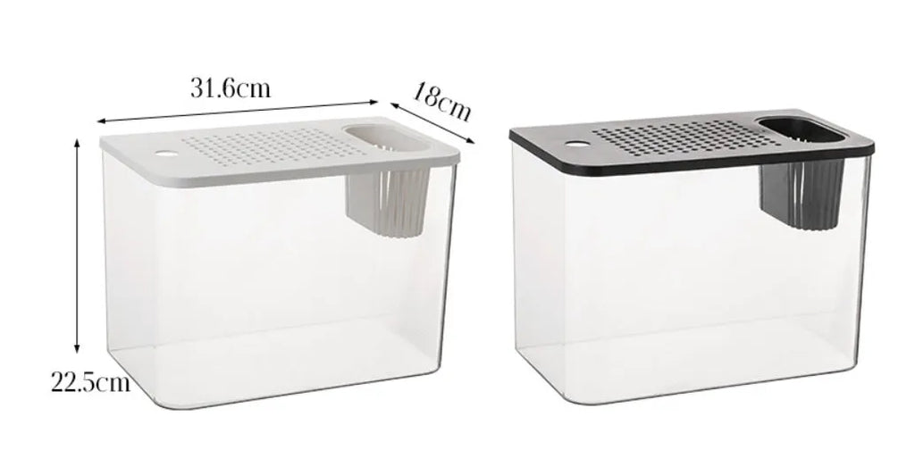 Medium black ecological betta fish tank with cover on a desk.