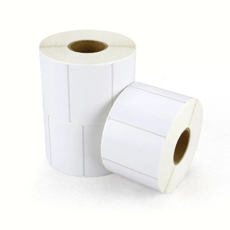 Roll of 40x40mm white thermosensitive paper labels with bright film coating for thermal printing