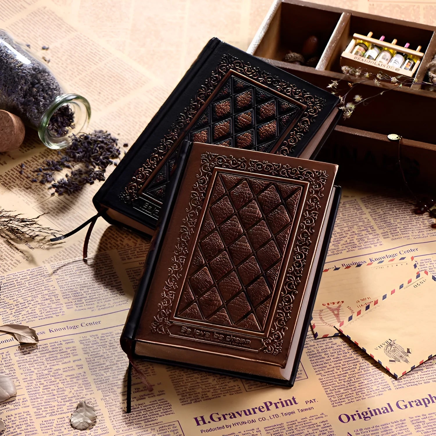Embossed faux leather notepad with three-dimensional texture and thick pages in bronze colour