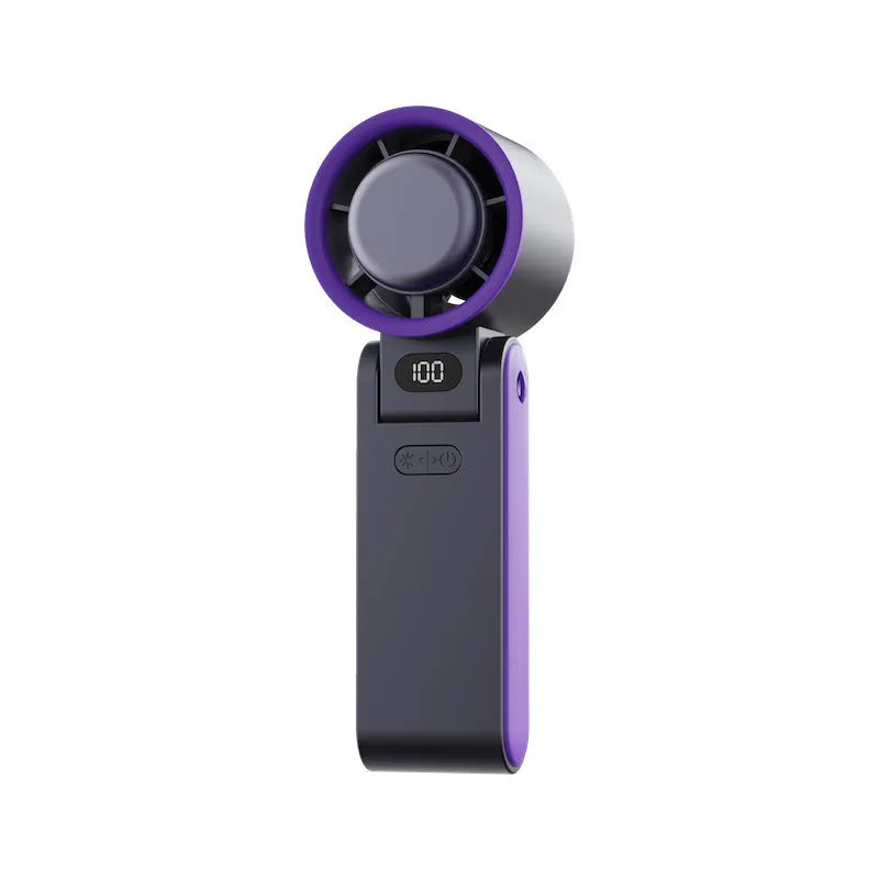 Folding handheld turbine fan with digital display and ice compress in gray, showing halter strap and USB port
