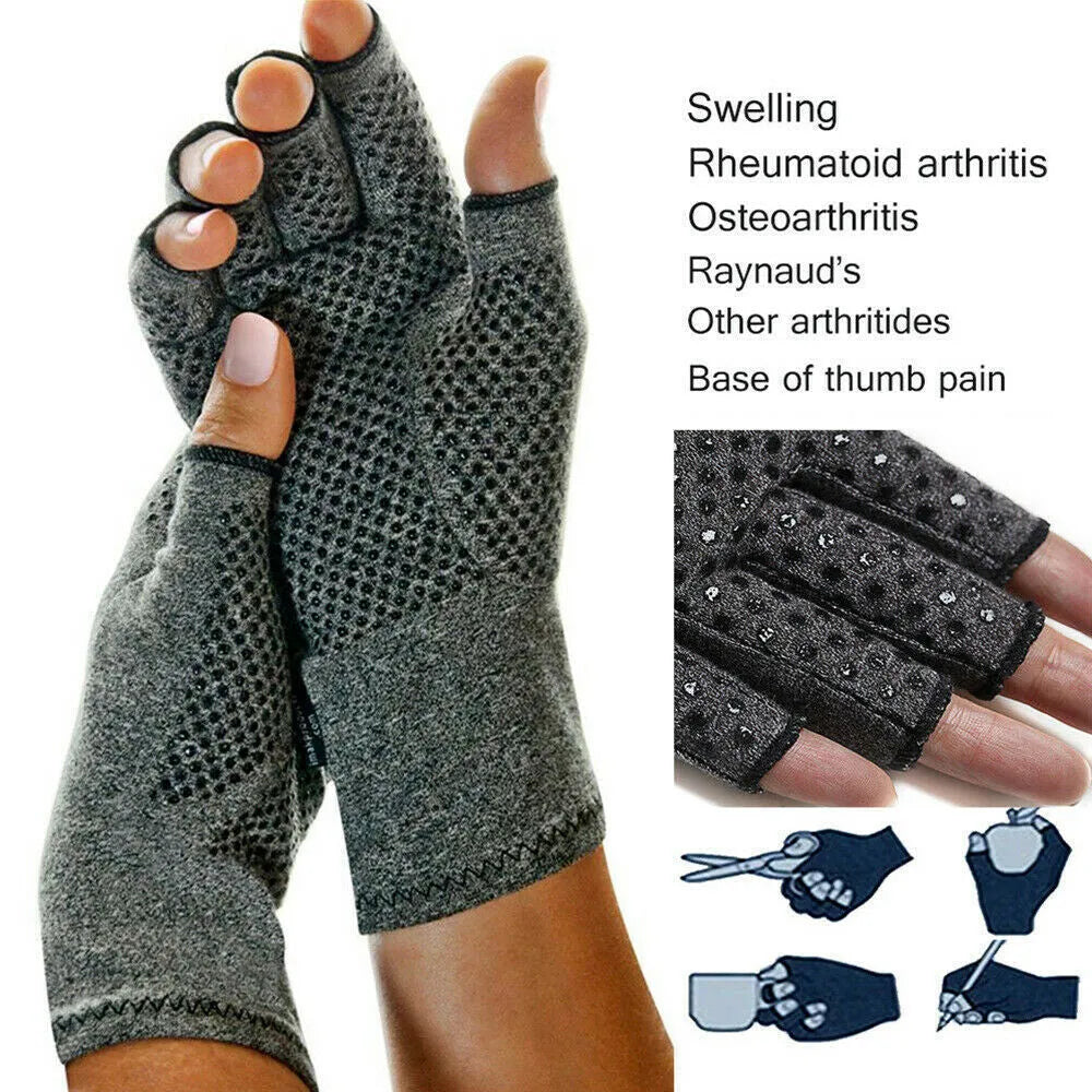 Grey half-finger compression gloves with anti-slip silicone grip strips on palms