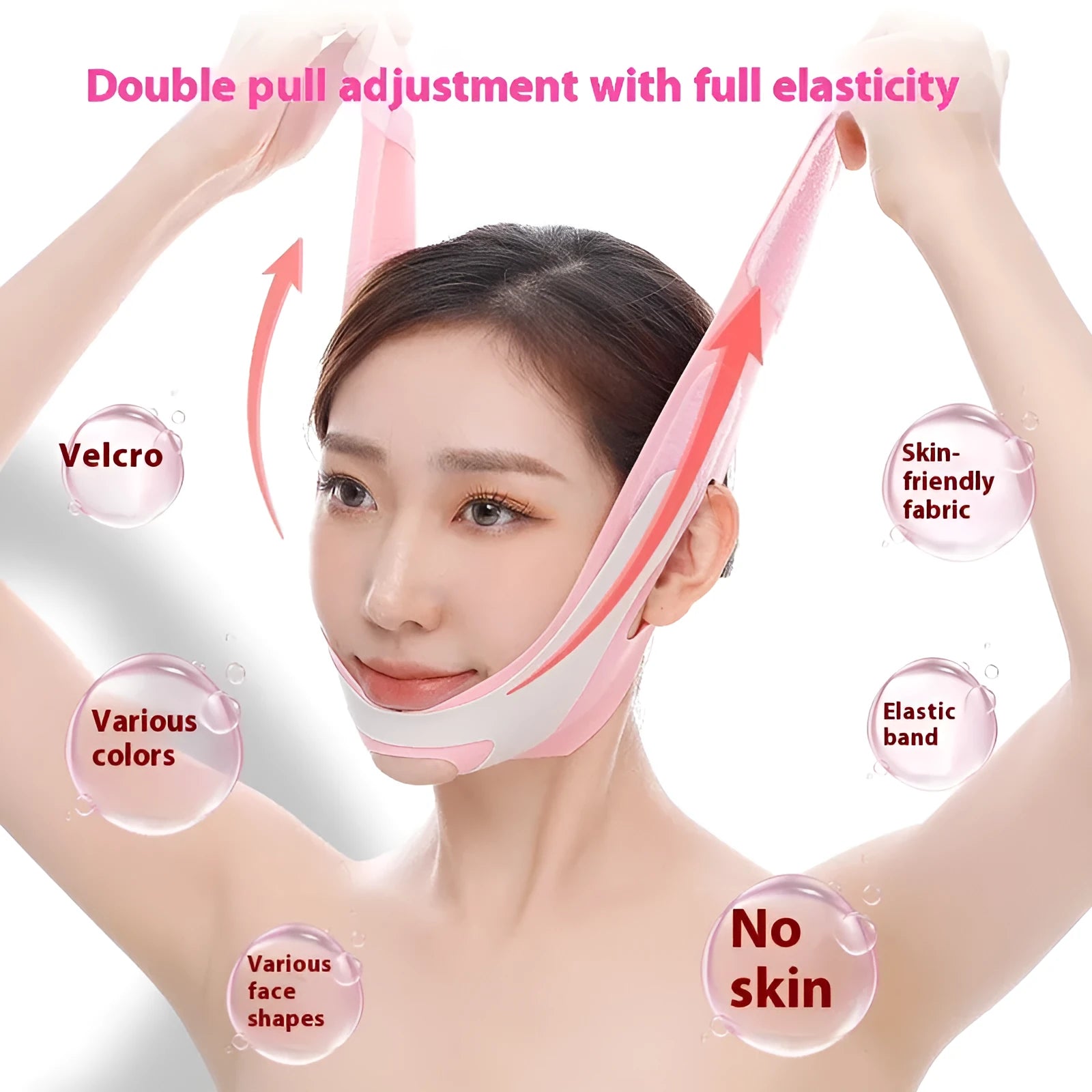 Pink and black elastic V-shaped face bandage facial care tool on a white background.