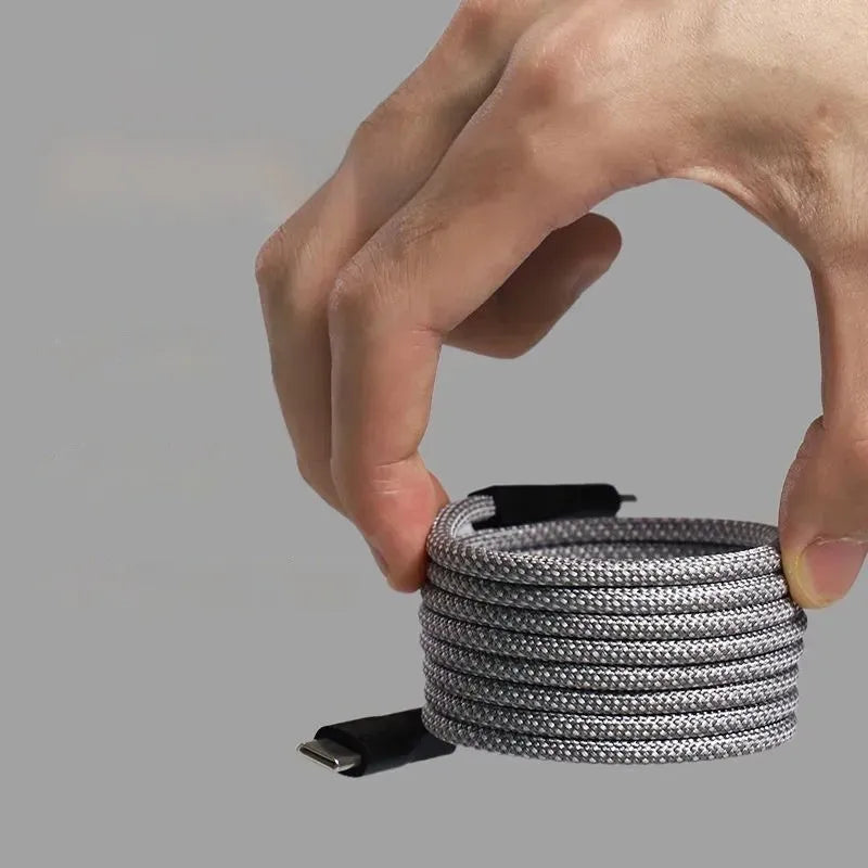 Magnetic woven data cable in black coiled beside a smartphone, showing Lightning and Type-C ends