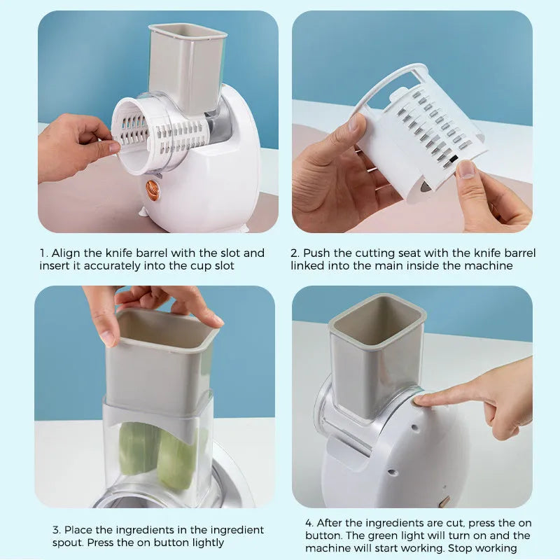 White electric vegetable slicer with rotary grater mechanism and suction base on kitchen counter