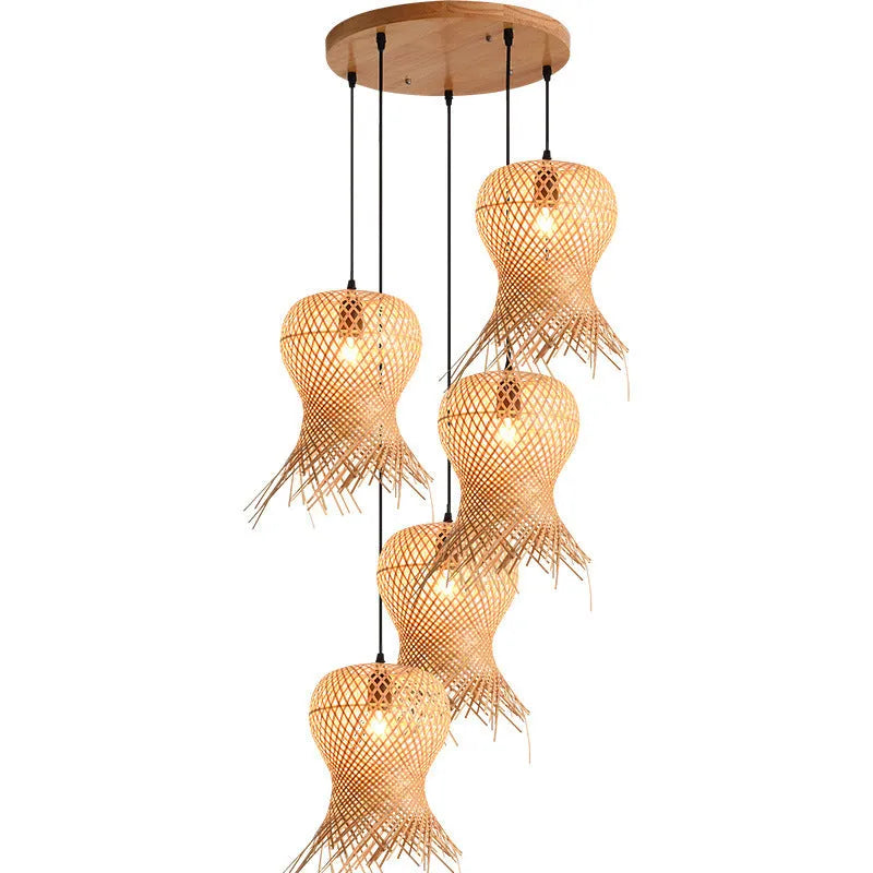 Bamboo woven chandelier with wood art frame new Chinese style ceiling lamp