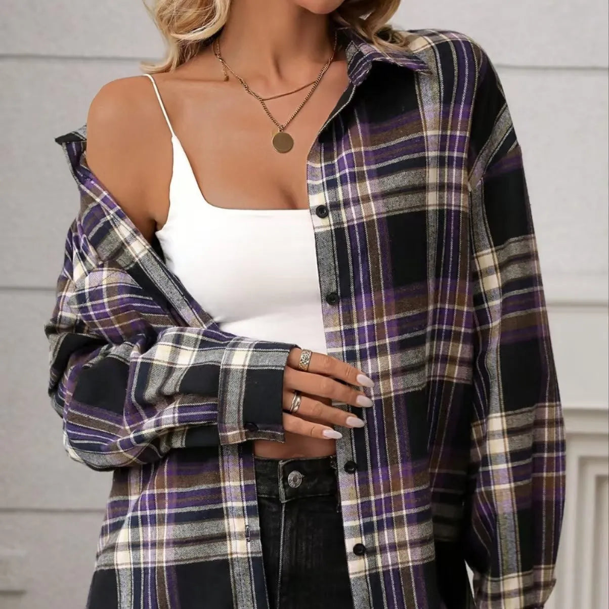Women's casual loose retro cotton plaid shirt in black, green, or purple
