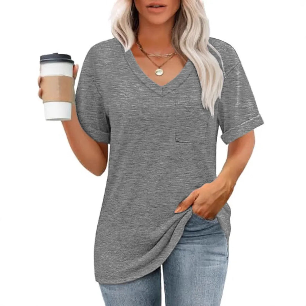 Grey loose fit men's V-neck t-shirt with a chest pocket on the front.