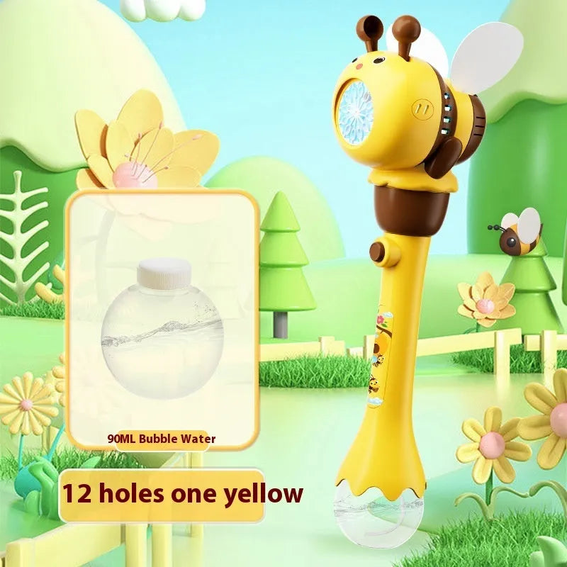 Yellow electric bee bubble machine toy with automatic lights on a flat surface