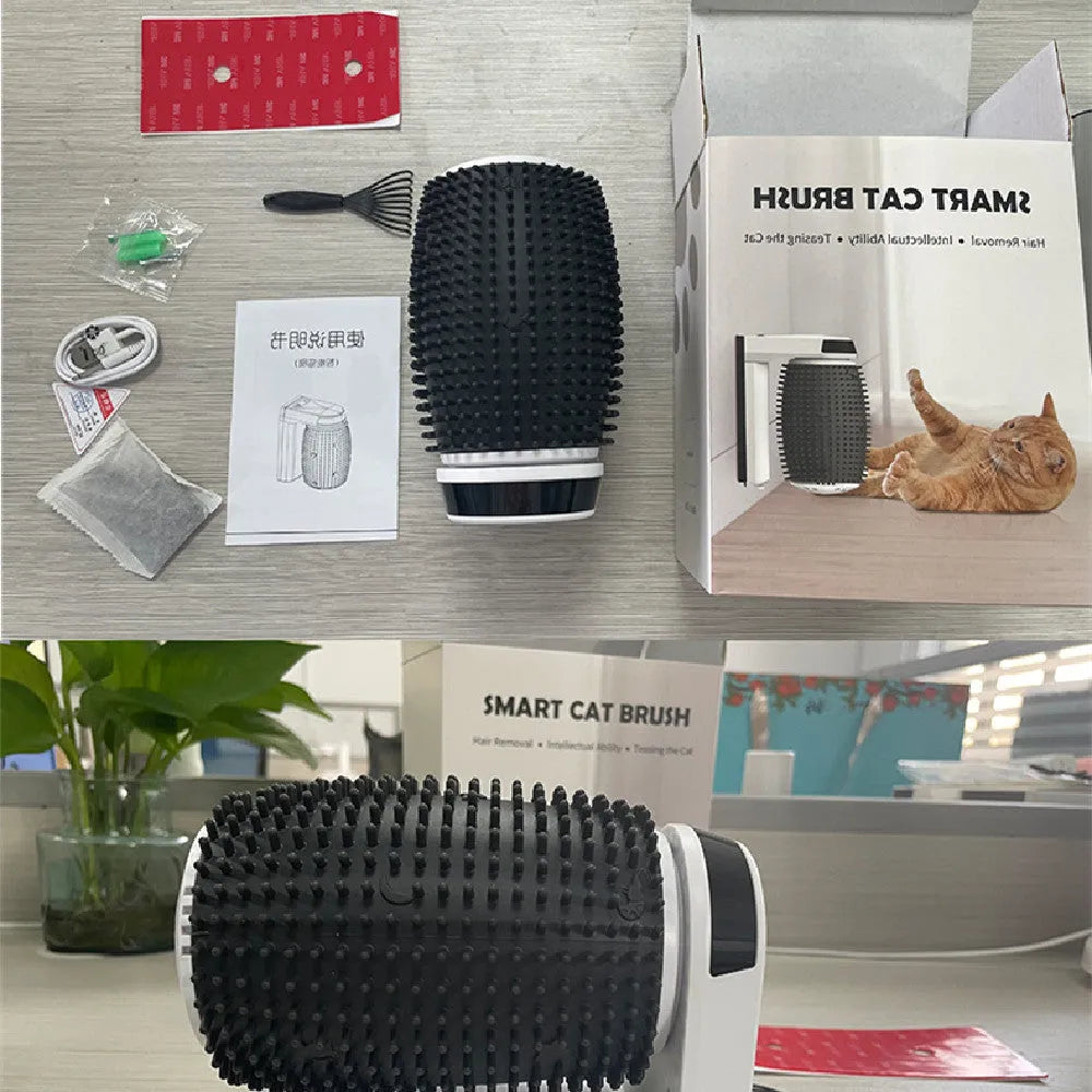 White automatic cat self-grooming brush mounted on a wall corner with soft silica gel bristles.