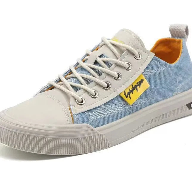 Men's round-toe canvas casual shoes in dark blue with lace-up front and rubber sole