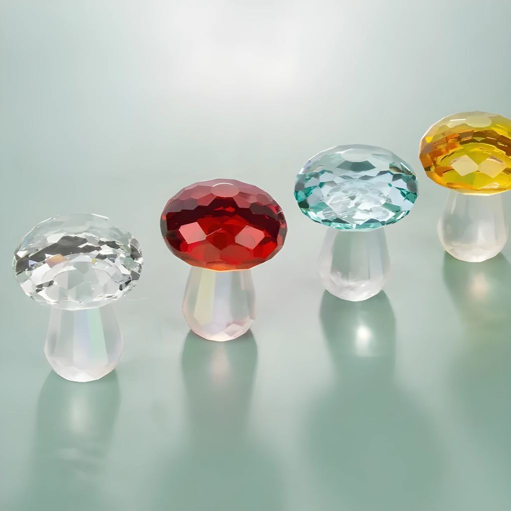 Colourful white crystal mushroom decorative craft in modern geometric style on a desk.