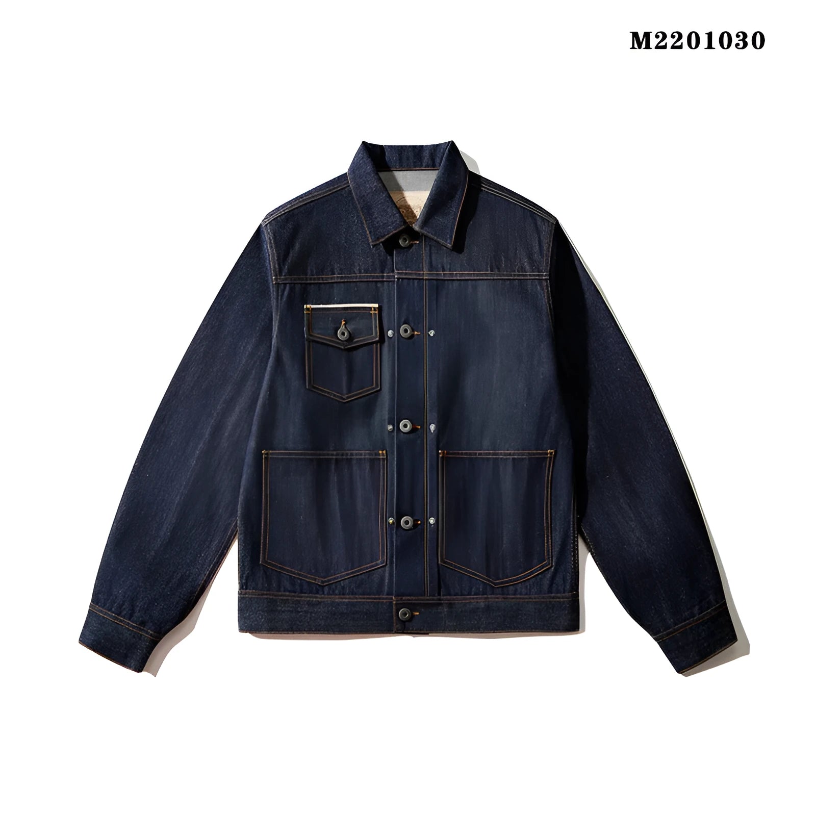 Men's raw pulp colour Japanese-style cotton loose jacket with red edge trim and patch pockets