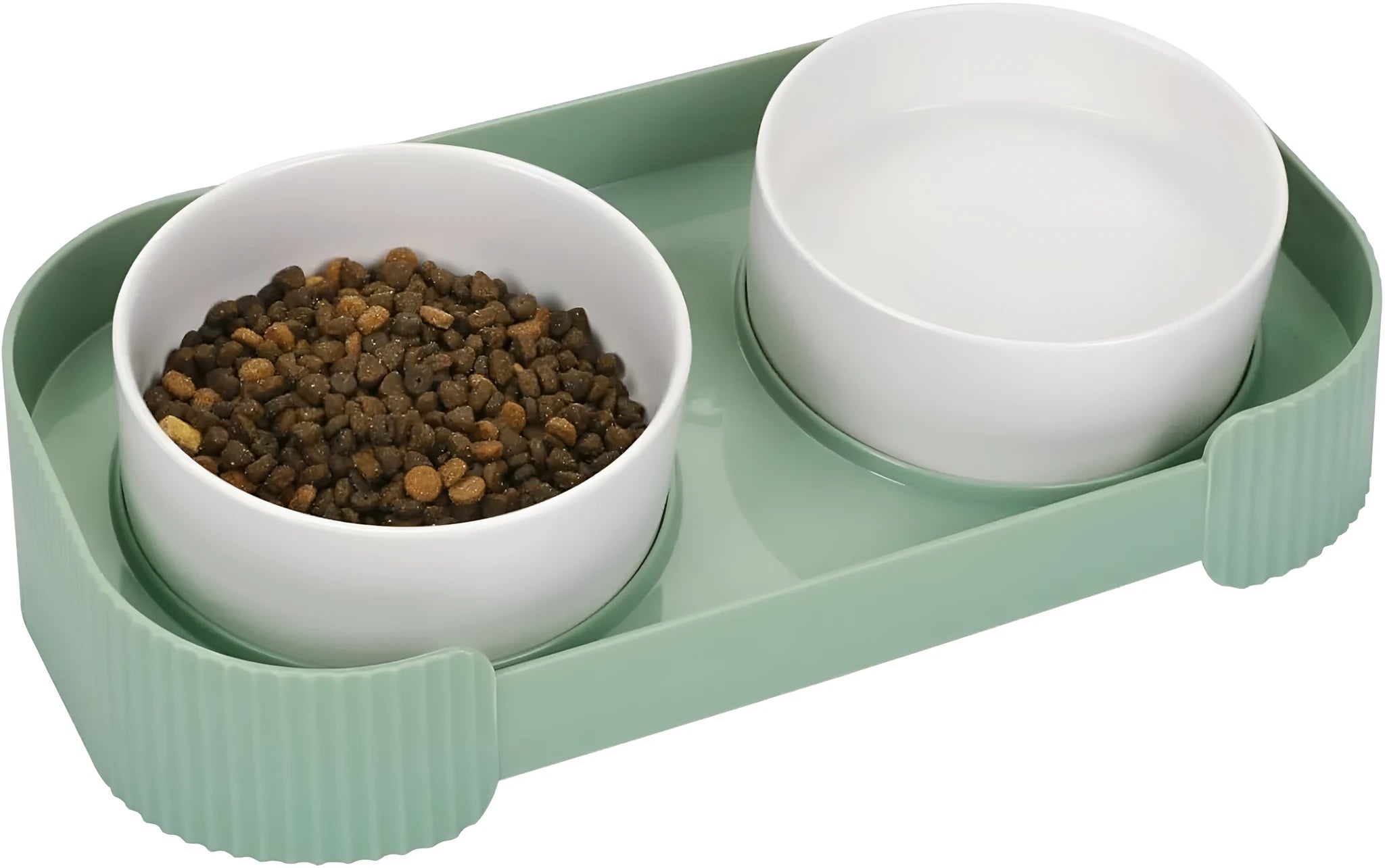 Ceramic elevated cat bowls with 15 degree tilted stand in green, white and yellow colours