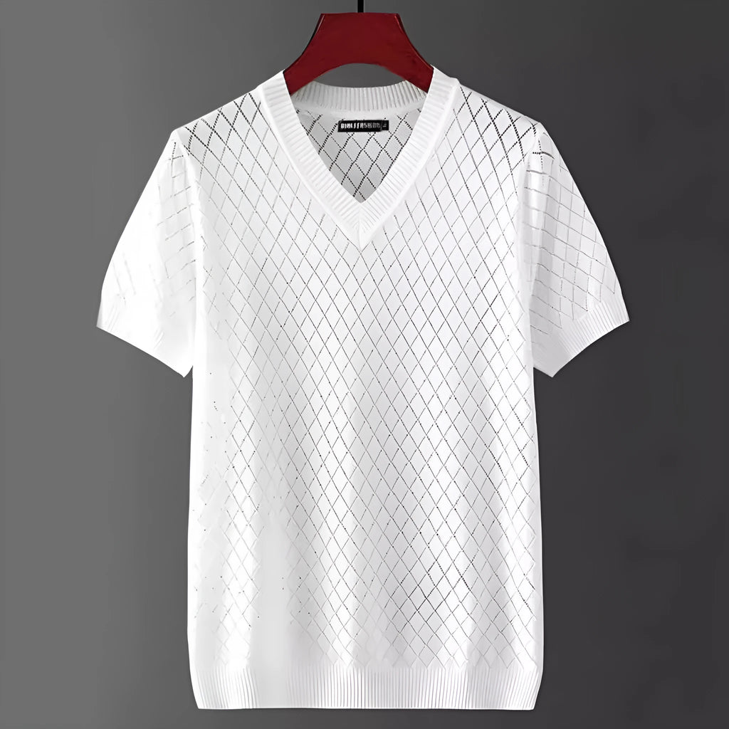 Men's black and white ice silk short sleeve t-shirt showing V-neck and round neck styles.