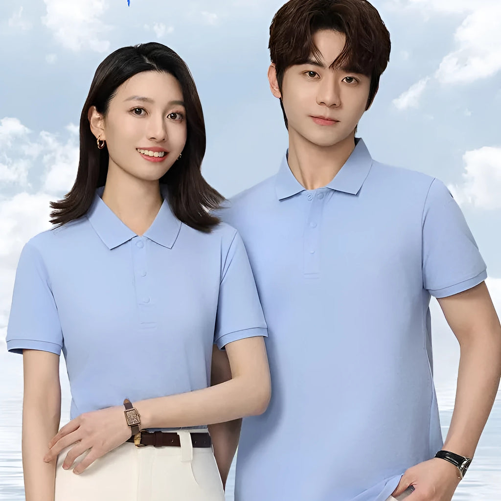 Short sleeve lapel work polo shirt in cotton with loose fit, shown in beige colour with collar detail