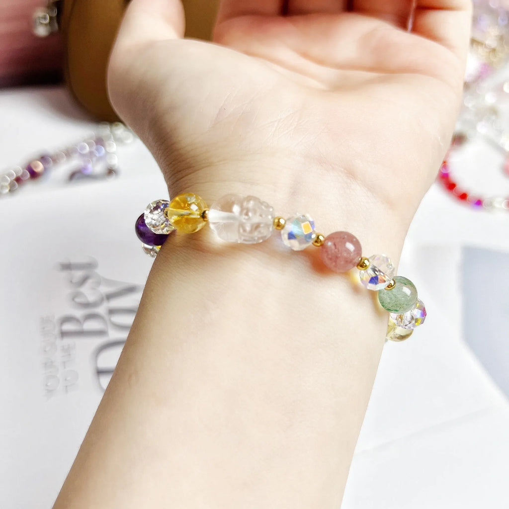 Colourful crystal bracelet with Phoenix Nine Tail Fox charm and manual beadwork