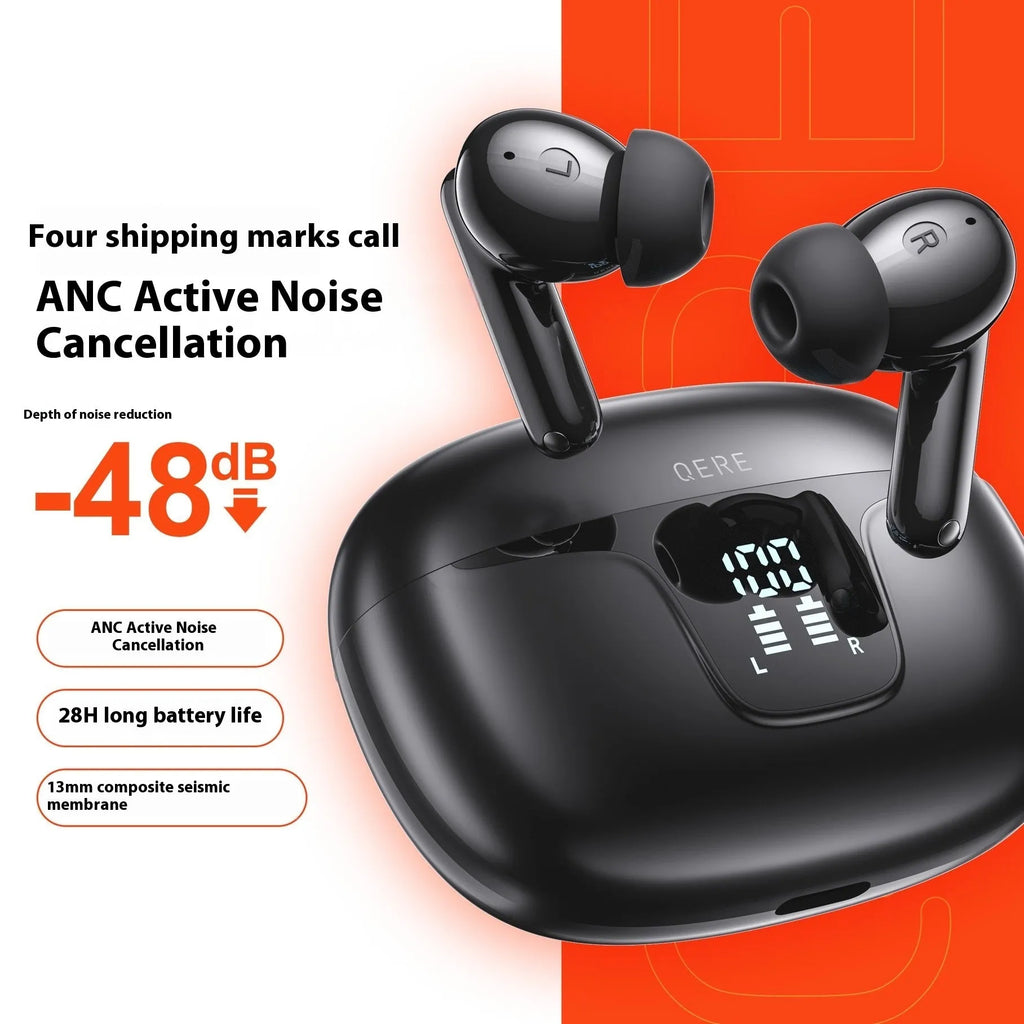White and black TWS noise reduction wireless earbuds in charging case with digital battery display