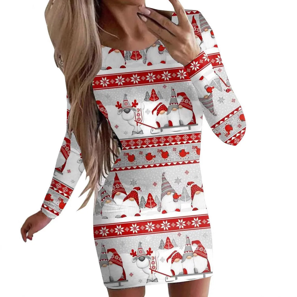 Women's animal print long sleeve dress in floral colour with round neck and mid waist design