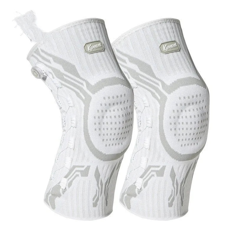 Grey and white adult sports knee pad for left or right foot, sizes M L XL available.