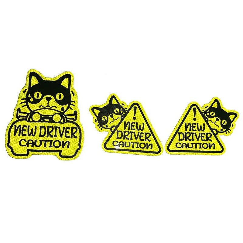 Set of three magnetic reflective car stickers showing cat, panda and duck designs on a car window.