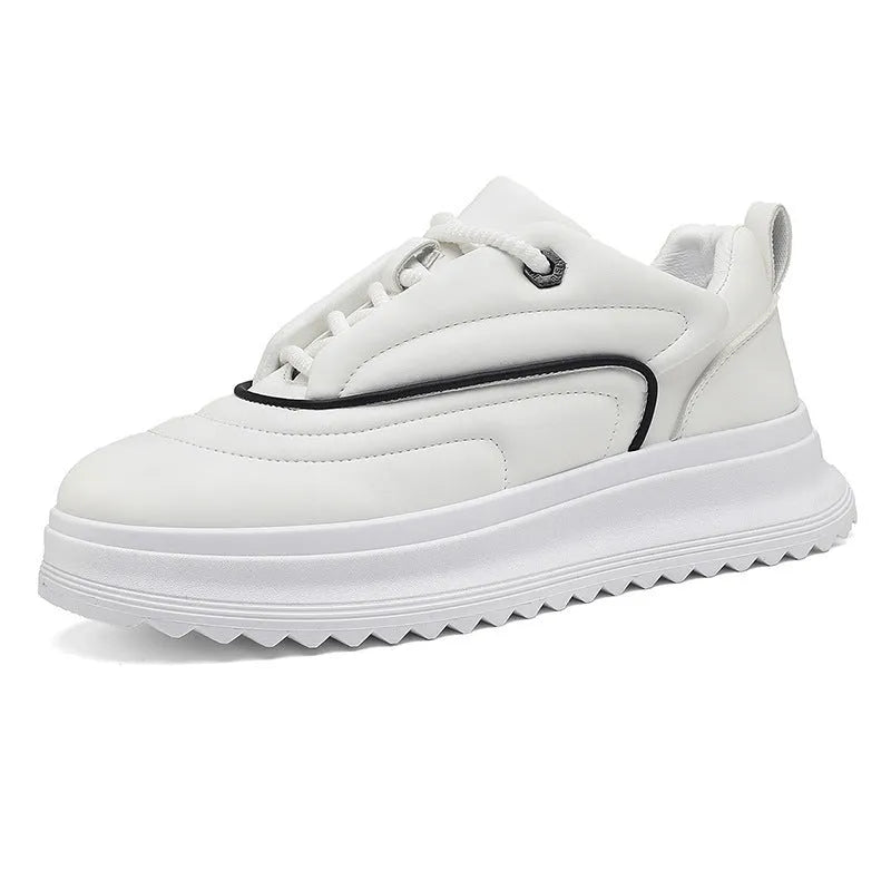 Casual cowhide leather sports shoes with thick sole in khaki, apricot, white, or black.