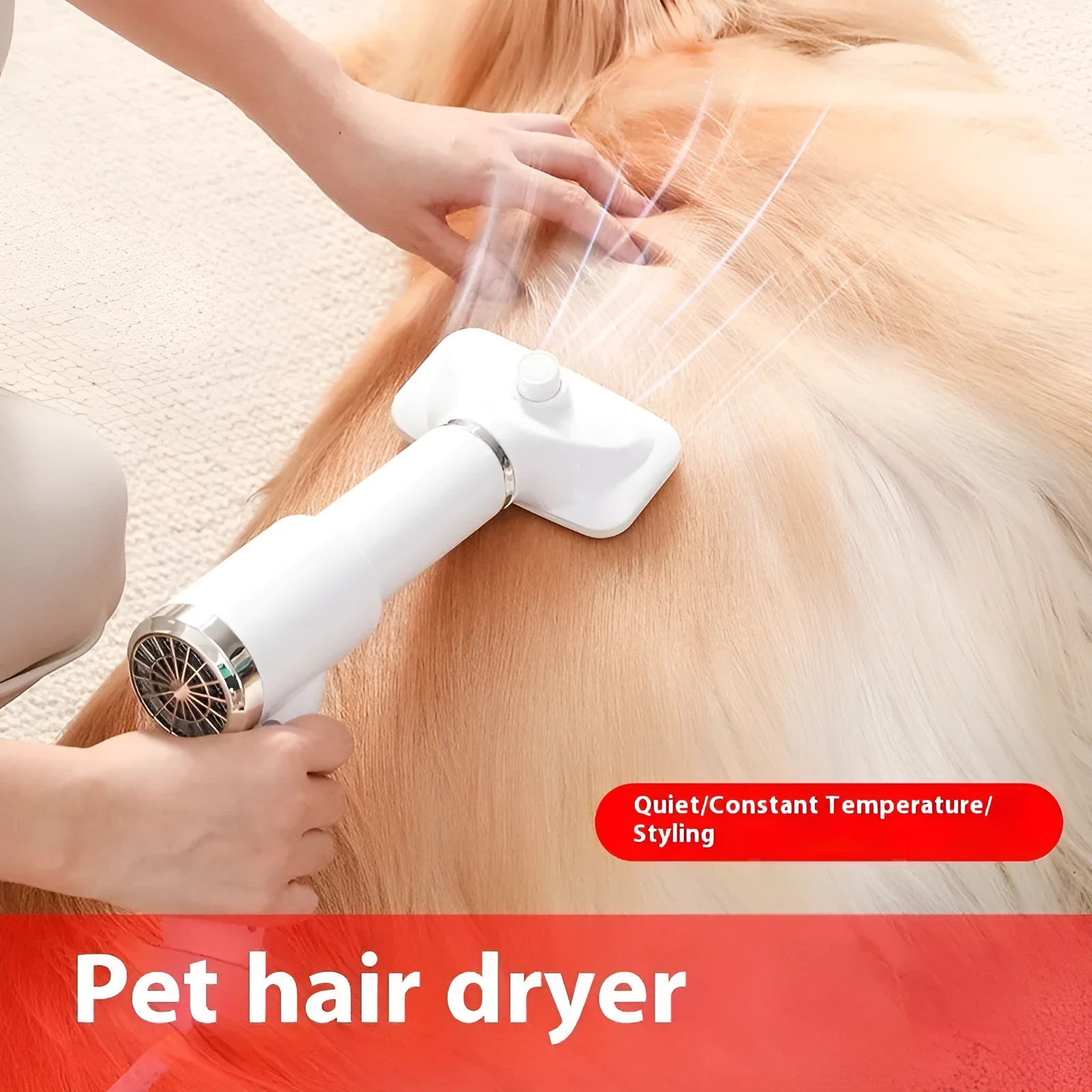 Pet hair dryer with hot air comb attachment for dog grooming showing beige and blue comb options