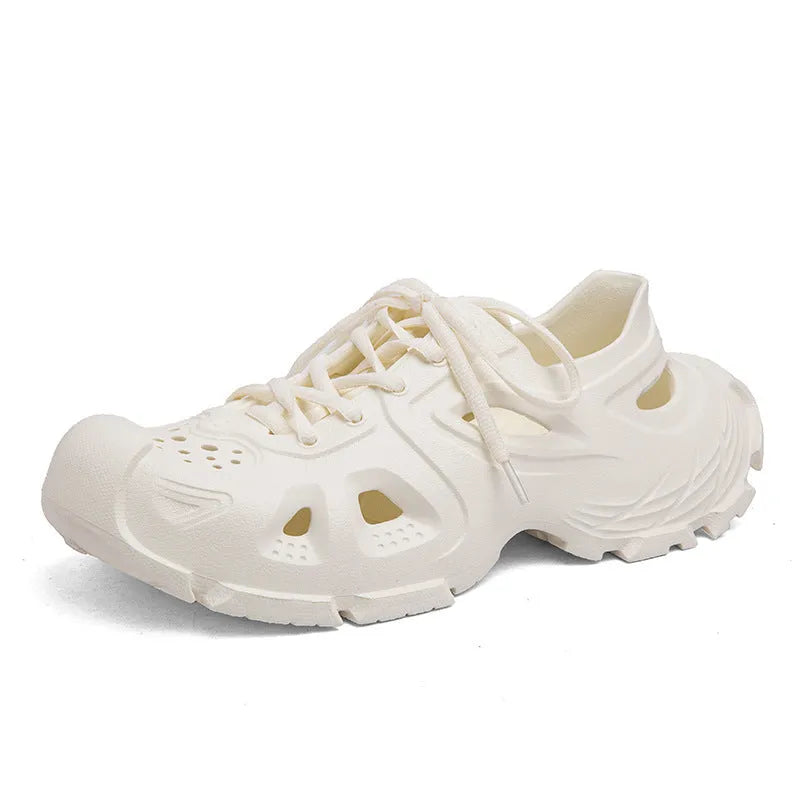 Men's black lace-up sports sandals with EVA sole showing round toe and front-laced design