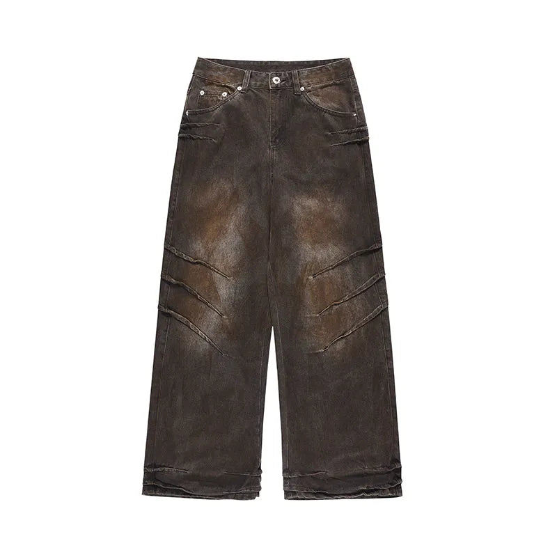 Men's distressed dirty wash baggy straight leg jeans in rust colour cotton denim