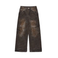 Men's distressed dirty wash baggy straight leg jeans in rust colour cotton denim
