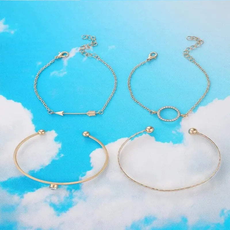 Women's 4 piece rhinestone round arrow bracelet set in electroplated alloy, European and American style