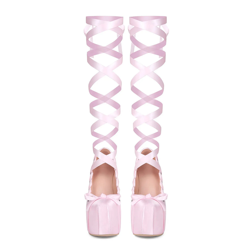 Pink imitation leather lace-up platform pumps with chunky heel and round toe
